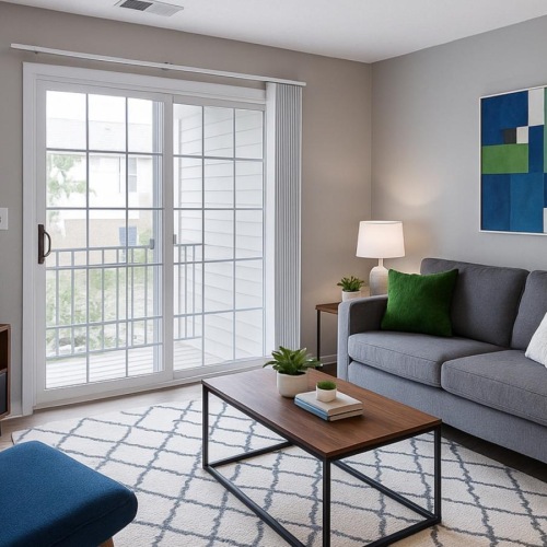 Relax and unwind in stylish living spaces a living room with a tv and couches and a balcony door