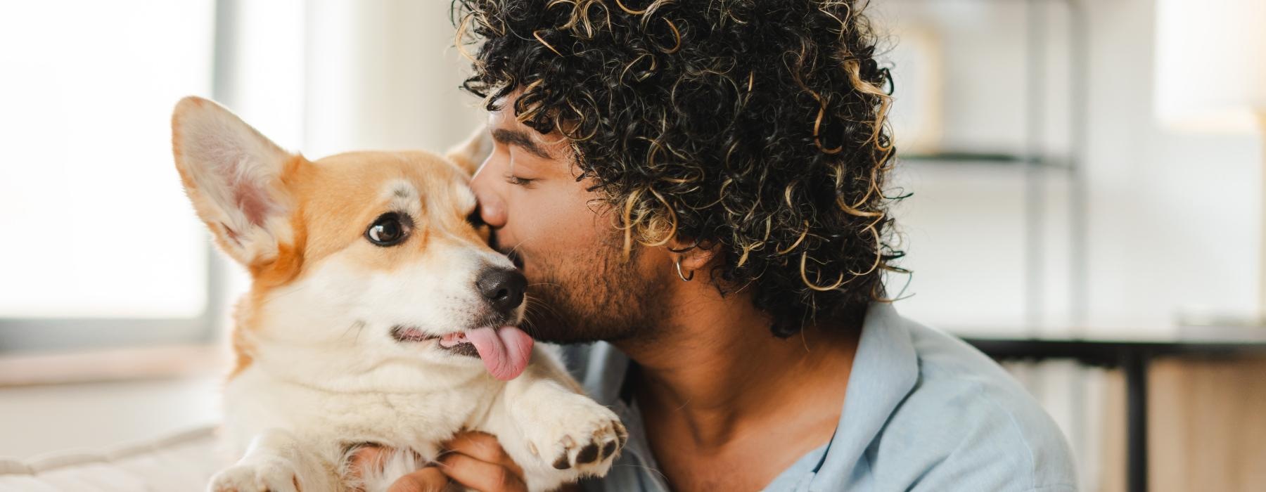 a man holding a dog