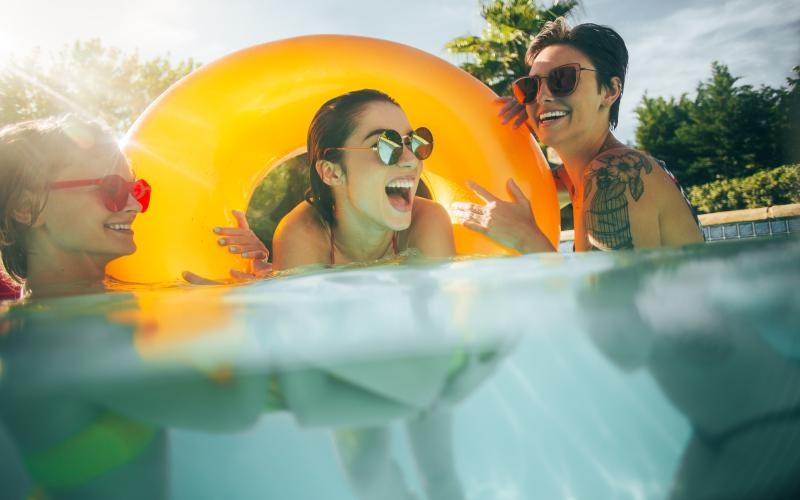 a group of people in a pool
